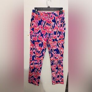 Barbara Erickson Pink Flamingo Print Straight Leg Pants 5 pockets Vibrant